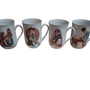 Vintage Norman Rockwell Ceramic Mug Set with Illustrations.